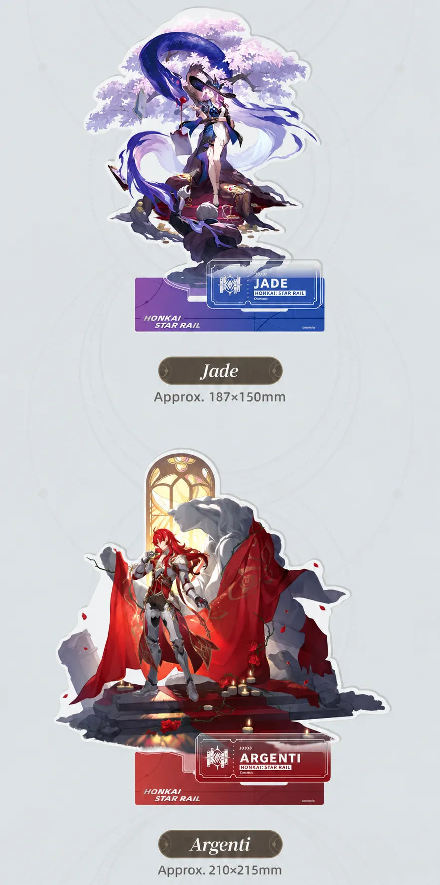 Jade and Argenti Erudition Acrylic Standees with character display bases