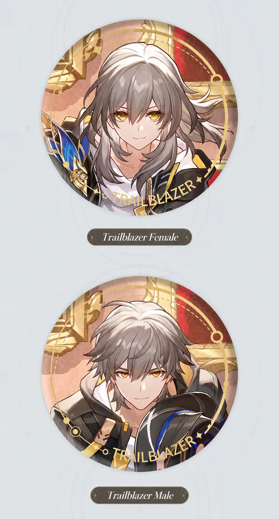 Trailblazer Female and Trailblazer Male Character Artwork Series Harmony Badge designs