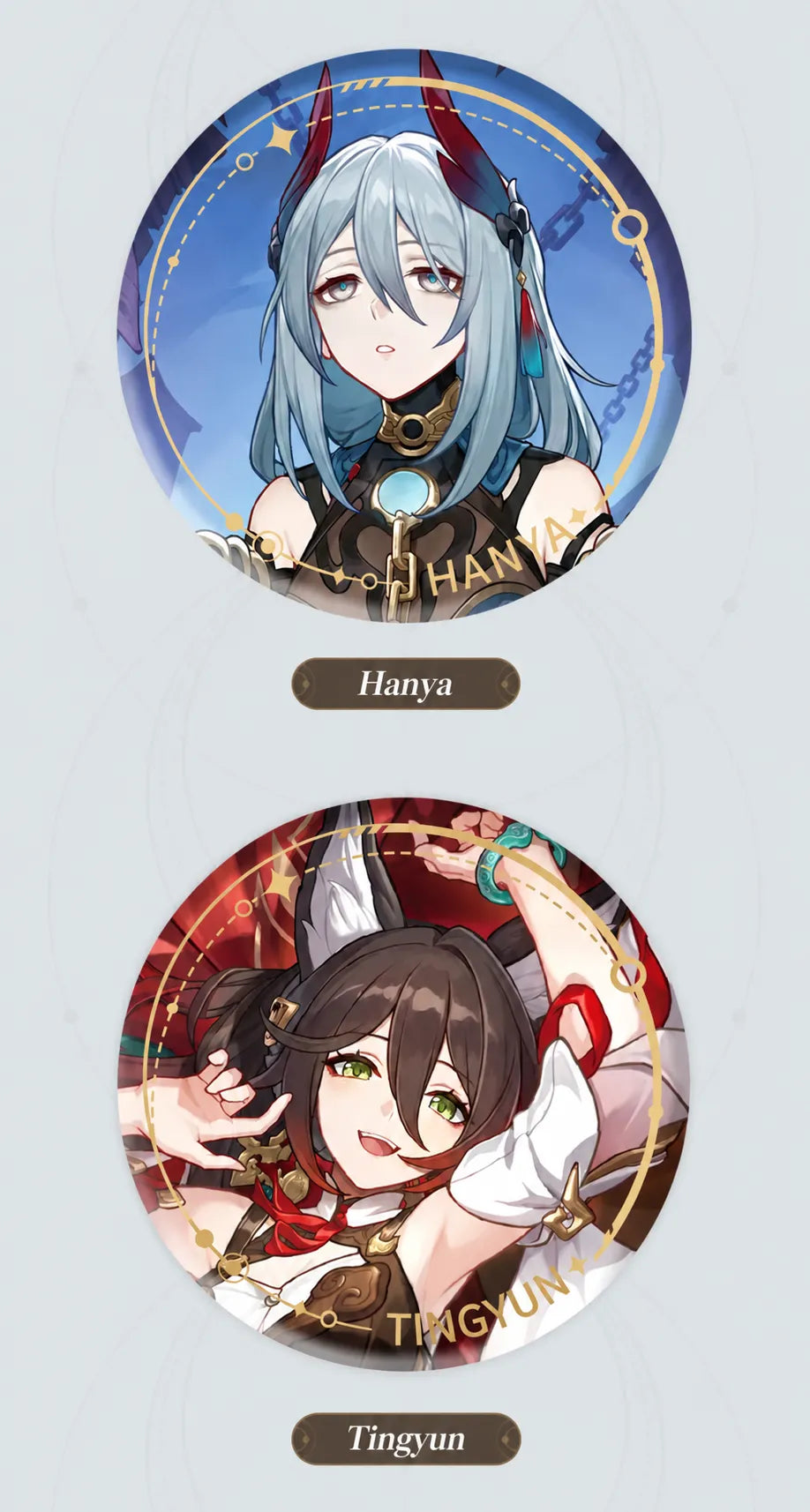 Hanya and Tingyun Character Artwork Series Harmony Badge designs