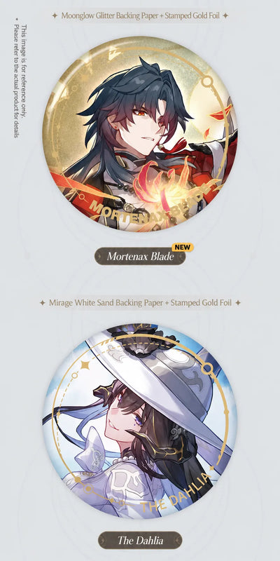 Mortenax Blade and The Dahlia Nihility tinplate badge details