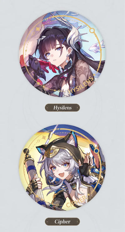Hysilens and Cipher Nihility tinplate badge details