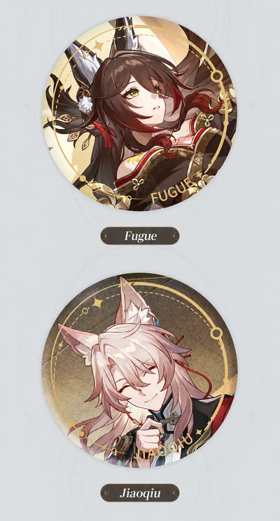 Fugue and Jiaoqiu Nihility tinplate badge details