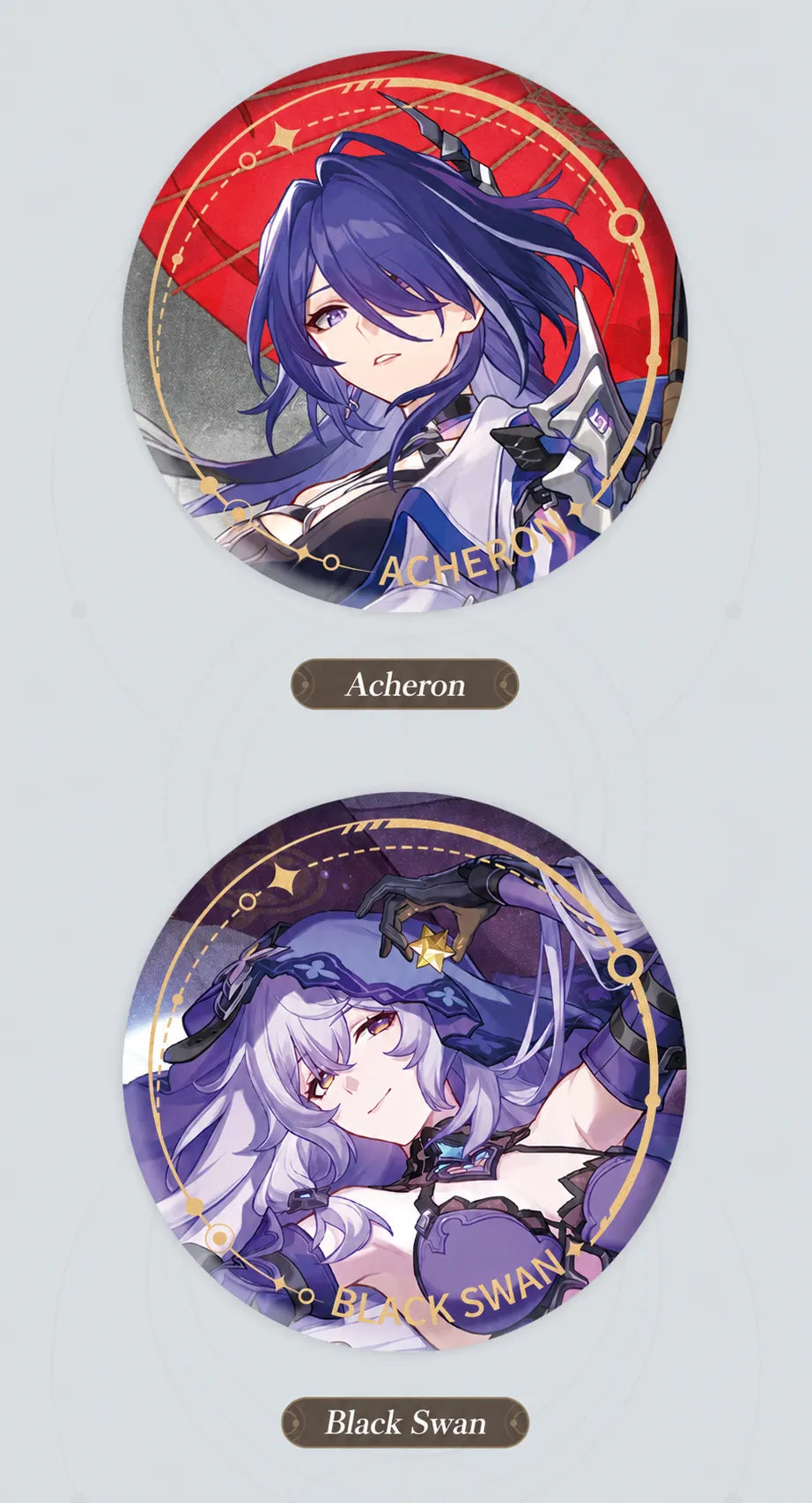 Acheron and Black Swan Nihility tinplate badge details