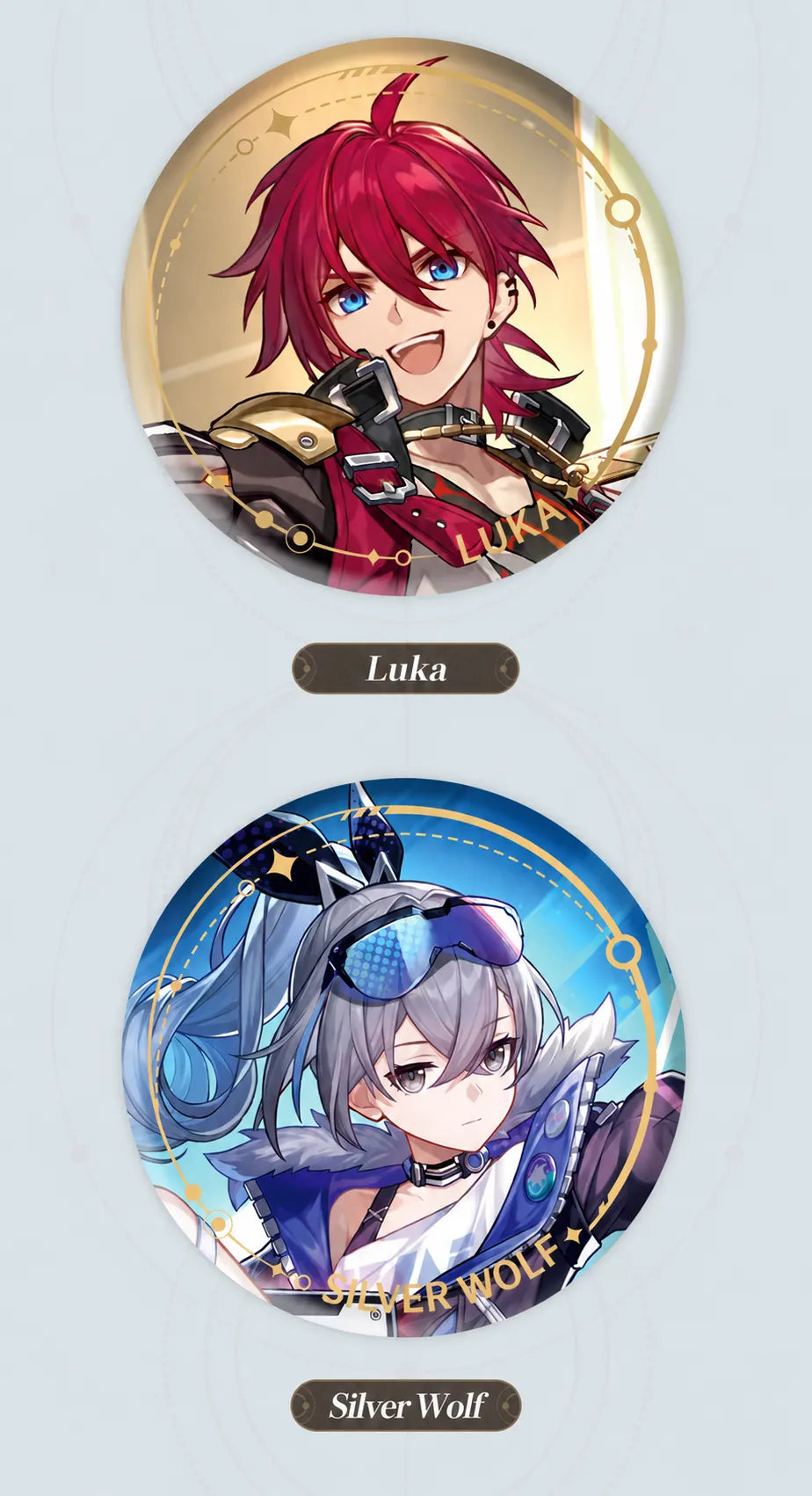 Luka and Silver Wolf Nihility tinplate badge details