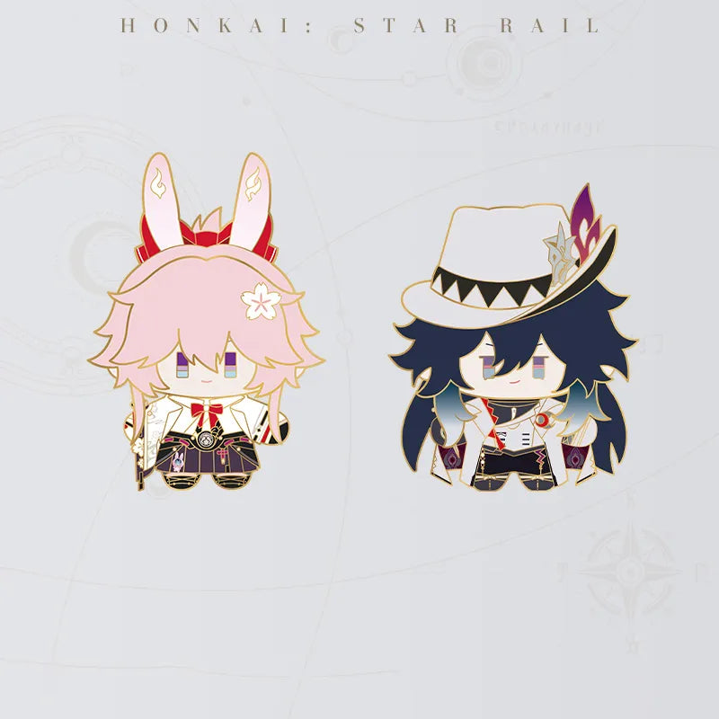 Chibi Doll Series metal badges featuring cute characters and decorative glitter accents