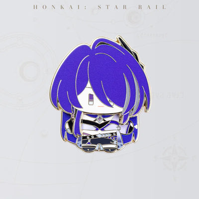 Honkai Star Rail Acheron Chibi Doll Series metal badge featuring purple hair and character outfit