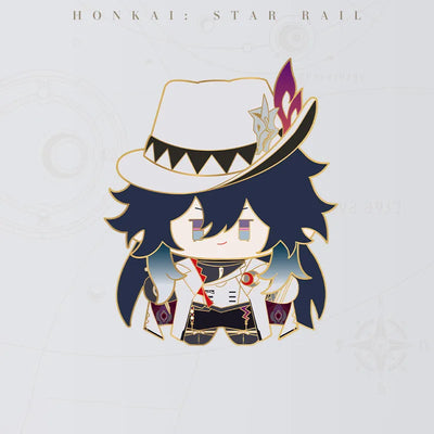 Honkai Star Rail Ashveil Chibi Doll Series metal badge featuring dark blue hair and decorated hat