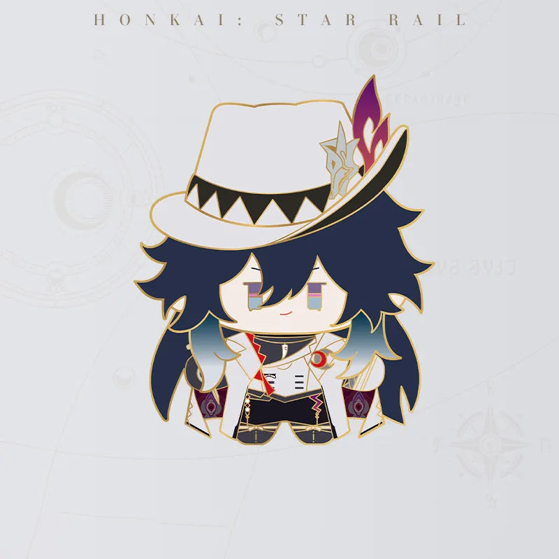 Honkai Star Rail Ashveil Chibi Doll Series metal badge featuring dark blue hair and decorated hat