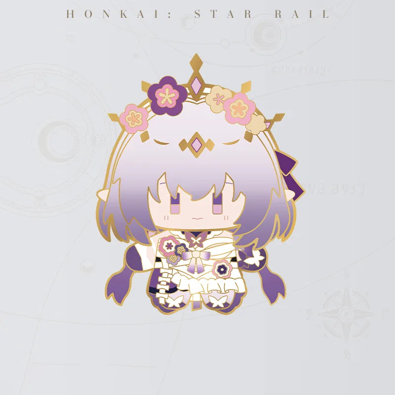 Honkai Star Rail Castorice Chibi Doll Series metal badge featuring purple hair and floral headpiece