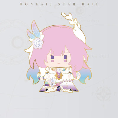 Honkai Star Rail Cyrene Chibi Doll Series metal badge featuring pink hair and butterfly decorations