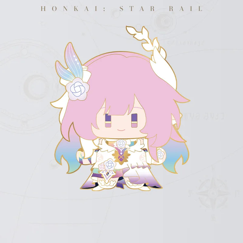 Honkai Star Rail Cyrene Chibi Doll Series metal badge featuring pink hair and butterfly decorations