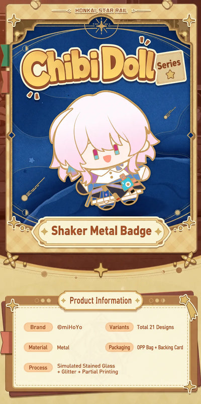 Honkai Star Rail Chibi Doll Series metal badge product information with materials and packaging