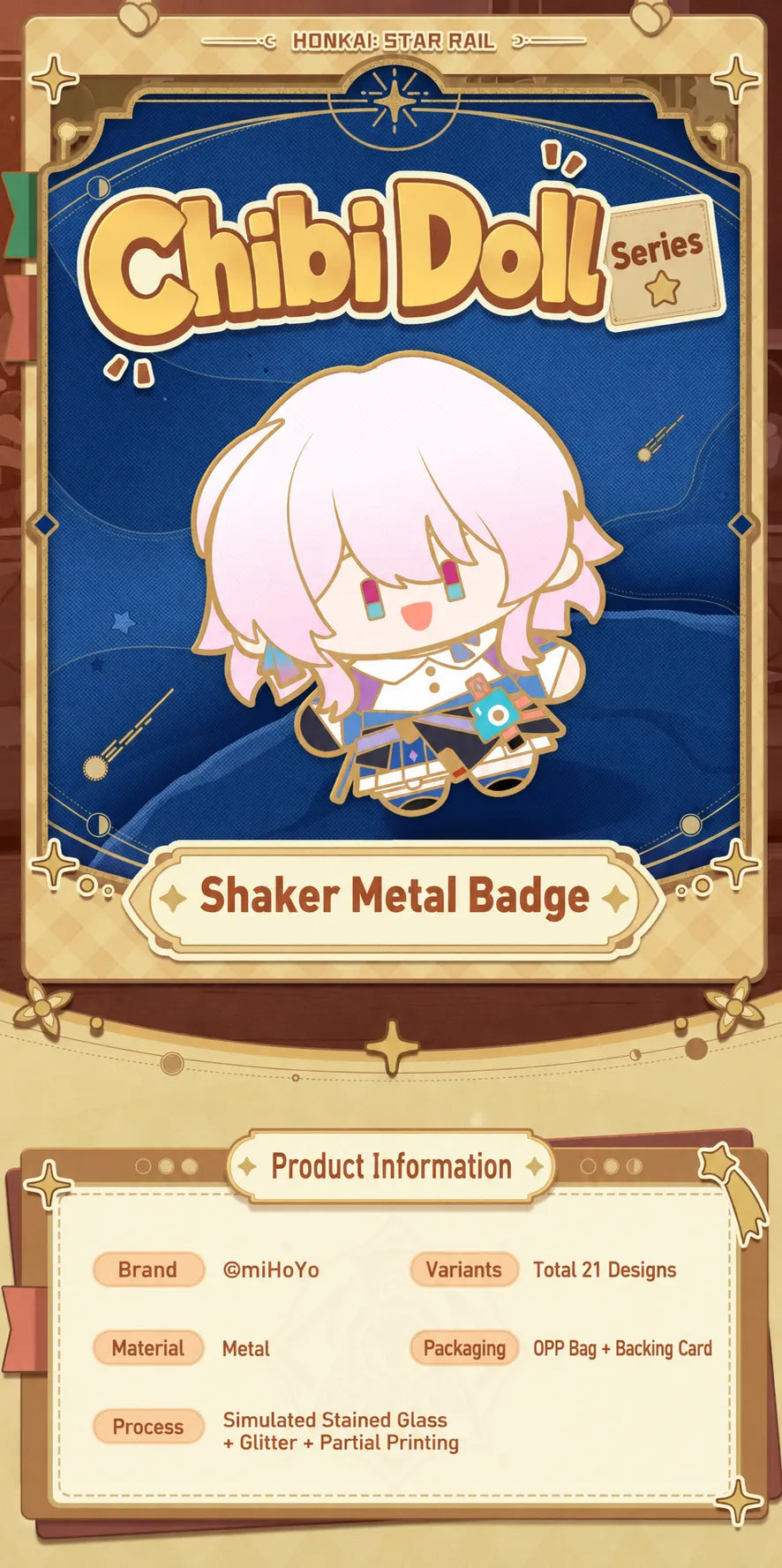 Honkai Star Rail Chibi Doll Series metal badge product information with materials and packaging