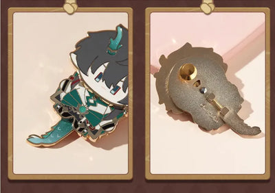 Honkai Star Rail Chibi Doll Series collectible metal badges featuring character designs and decorative details