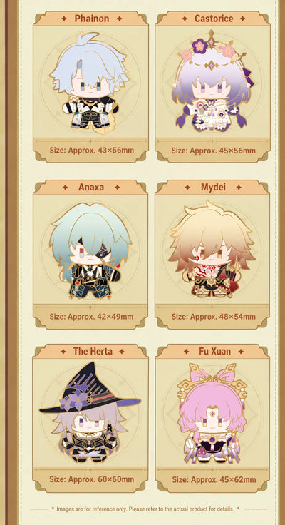 Chibi metal badges featuring Phainon Castorice Anaxa Mydei The Herta and Fu Xuan with dimensions