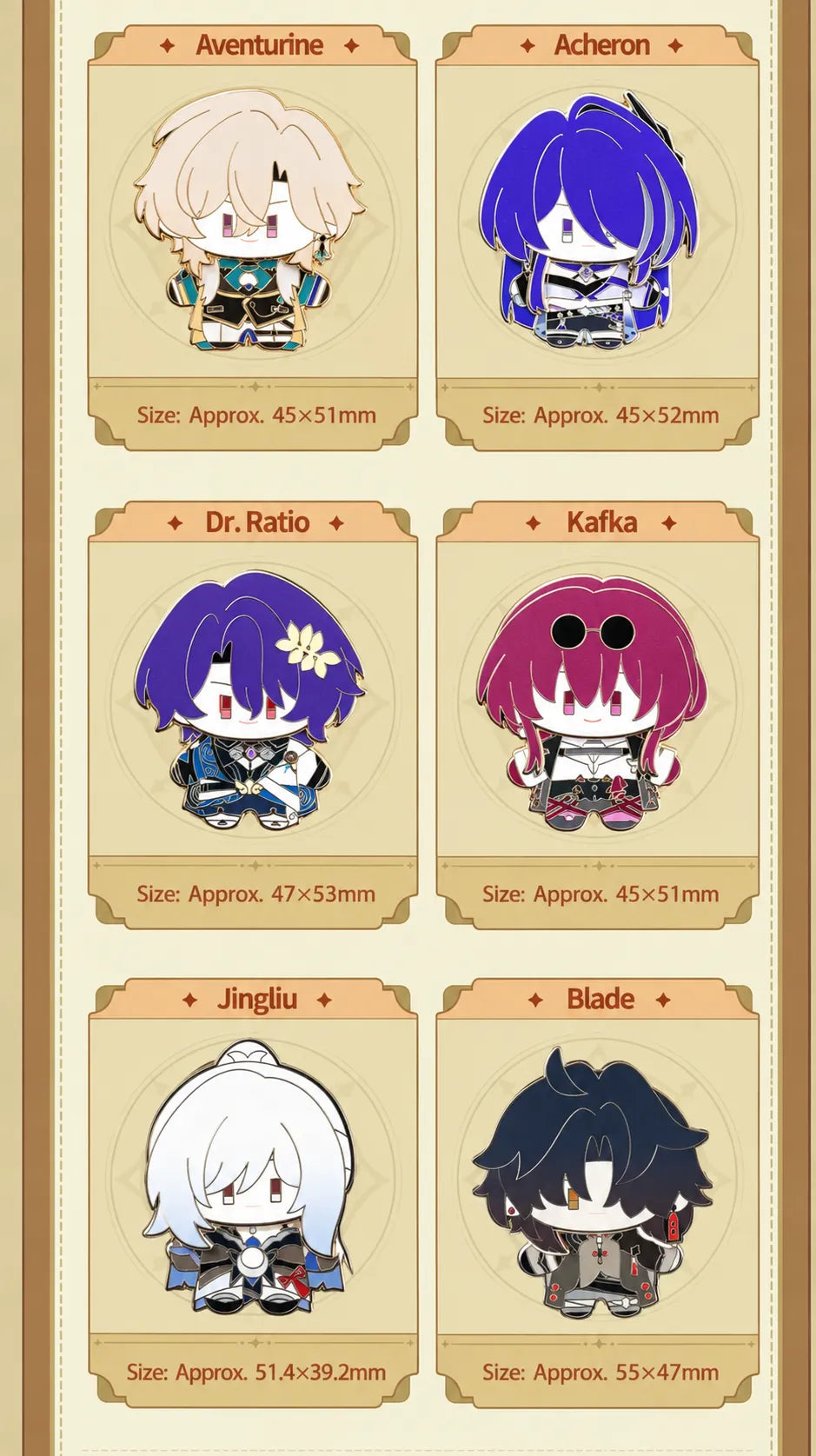 Chibi metal badges featuring Aventurine Acheron Dr. Ratio Kafka Jingliu and Blade with dimensions