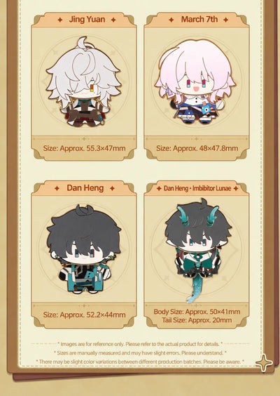 Chibi metal badges featuring Jing Yuan March 7th Dan Heng and Imbibitor Lunae with dimensions