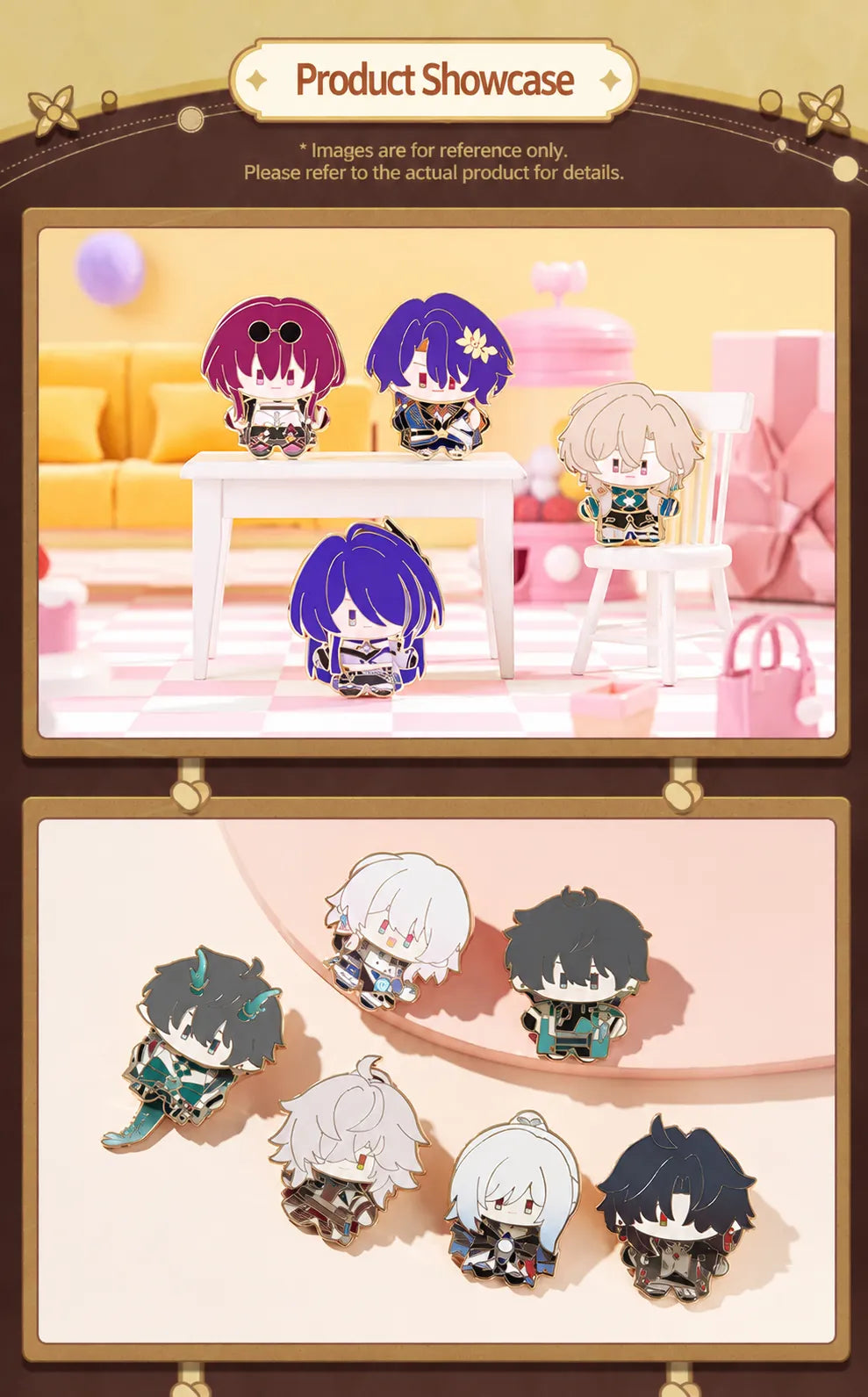 Honkai Star Rail Chibi Doll Series metal badges displayed in a pastel miniature room setting