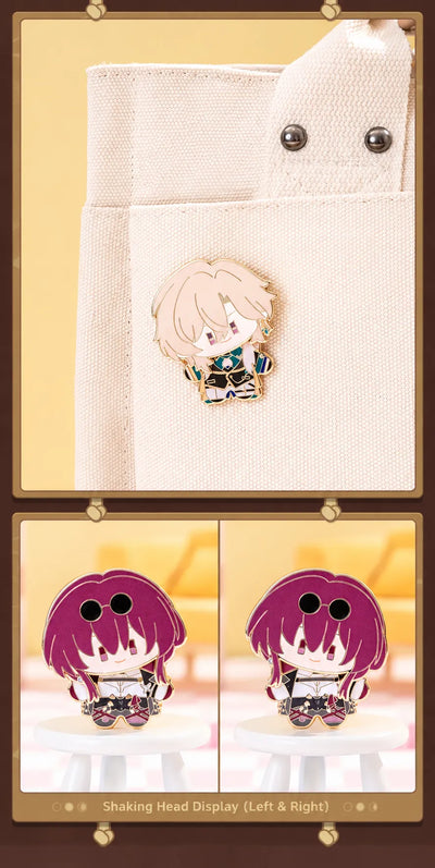 Aventurine metal badge attached to a canvas bag and Kafka badge showing movable head positions