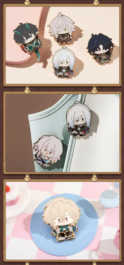 Honkai Star Rail Chibi Doll Series metal badges featuring detailed character designs and metallic outlines