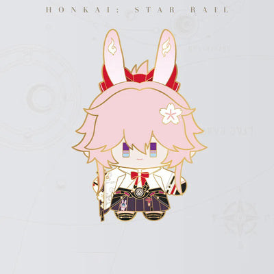 Honkai Star Rail Evanescia Chibi Doll Series metal badge featuring pink hair and bunny ears