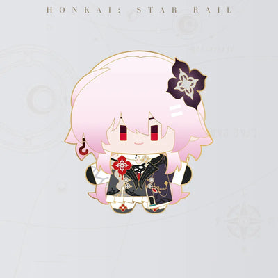 Honkai Star Rail Evernight Chibi Doll Series metal badge featuring pale pink hair and dark floral accessory
