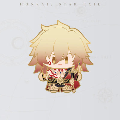 Honkai Star Rail Mydei Chibi Doll Series metal badge featuring blond hair and red gold outfit