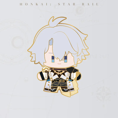 Honkai Star Rail Phainon Chibi Doll Series metal badge featuring light blue hair and black gold outfit