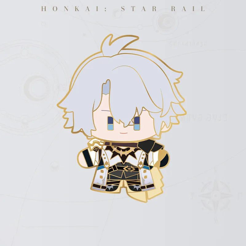 Honkai Star Rail Phainon Chibi Doll Series metal badge featuring light blue hair and black gold outfit