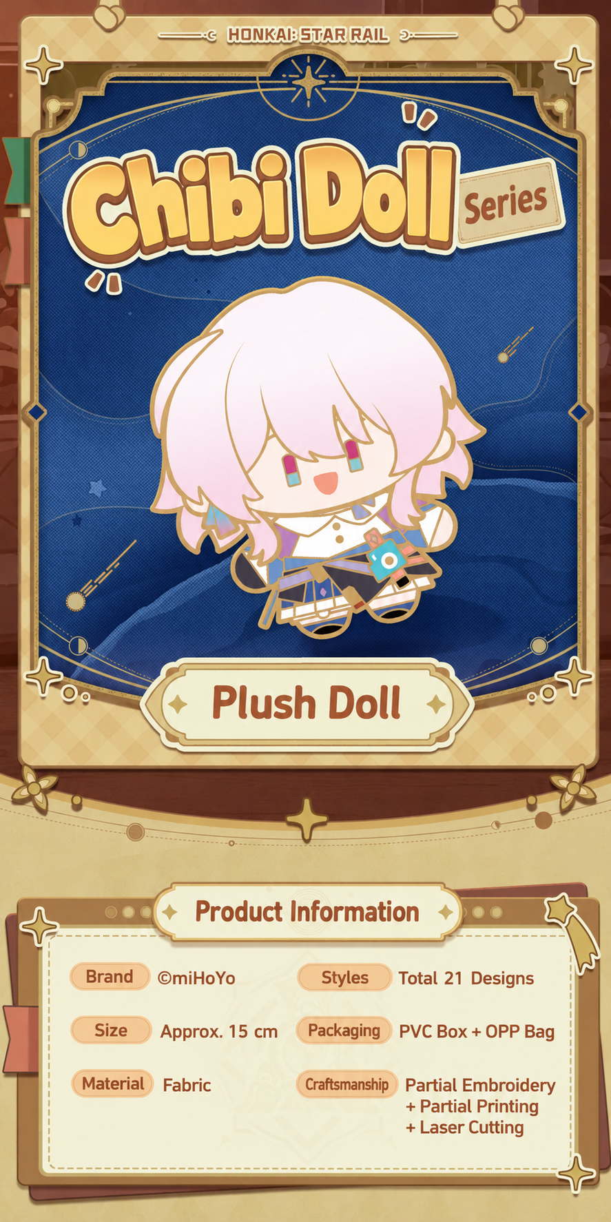 Honkai Star Rail Chibi Doll Series plush doll product information showing size materials and packaging
