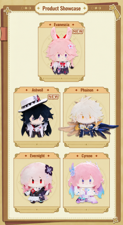 Chibi Doll Series plush dolls featuring Evanescia Ashveil Phainon Evernight and Cyrene