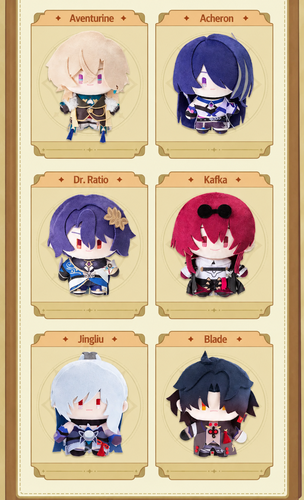 Chibi Doll Series plush dolls featuring Aventurine Acheron Dr. Ratio Kafka Jingliu and Blade