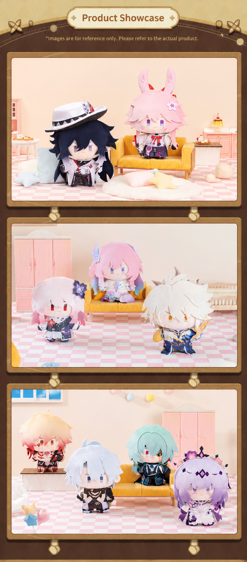 Honkai Star Rail Chibi Doll Series plush dolls displayed in pastel miniature rooms with furniture and decorations