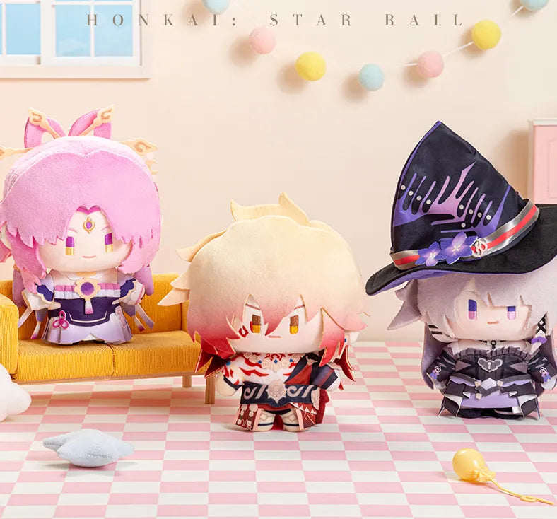 Honkai Star Rail chibi plush dolls displayed together in a pastel themed setting