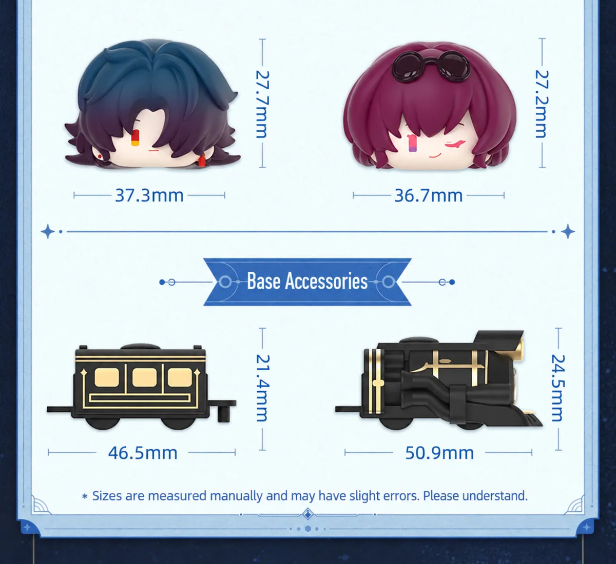 Chibi Stack-Up figure dimensions and locomotive and carriage base sizes