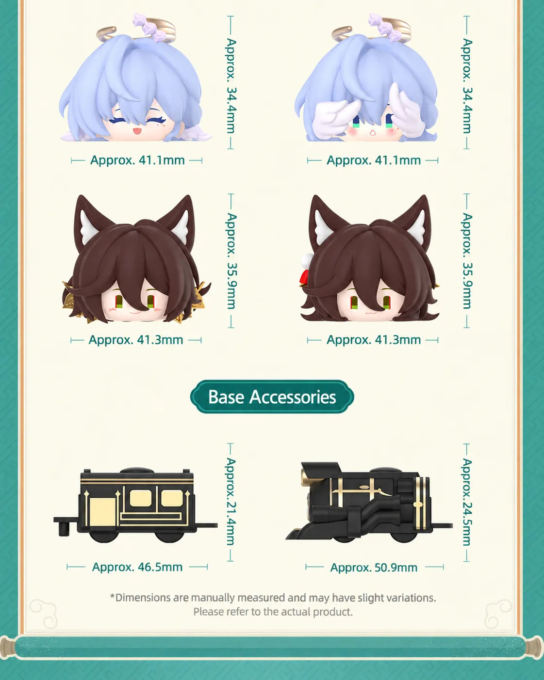 Chibi Stack-Up character figures and locomotive and carriage base dimensions
