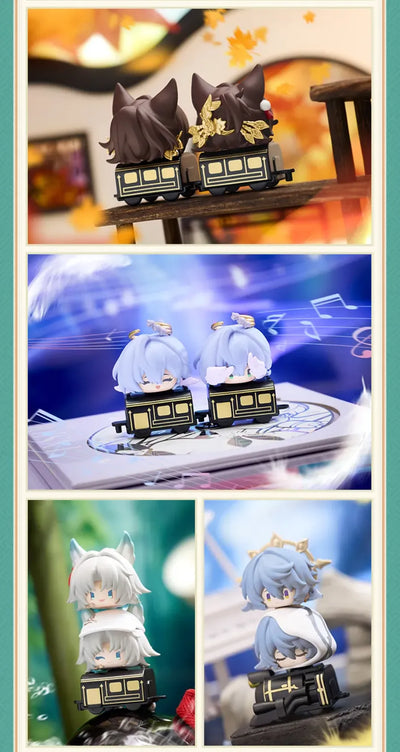 Chibi Stack-Up figures featuring Jiaoqiu Moze and Robin in train-themed displays