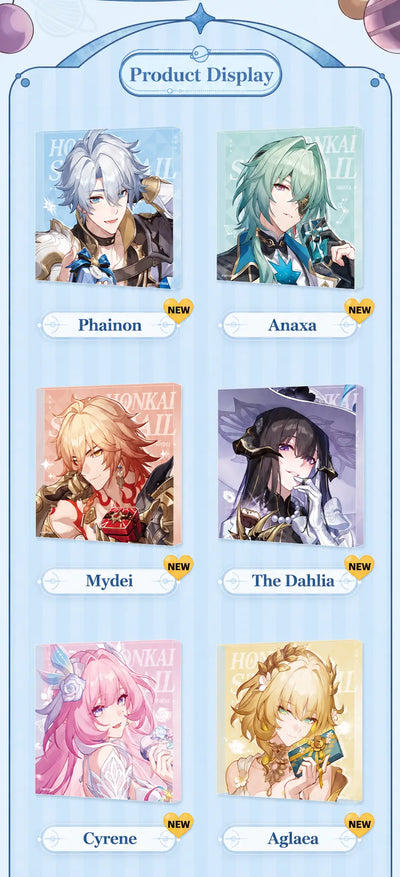 Acrylic display blocks featuring Phainon, Anaxa, Mydei, The Dahlia, Cyrene and Aglaea