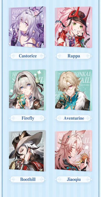 Acrylic display blocks featuring Castorice, Rappa, Firefly, Aventurine, Boothill and Jiaoqiu