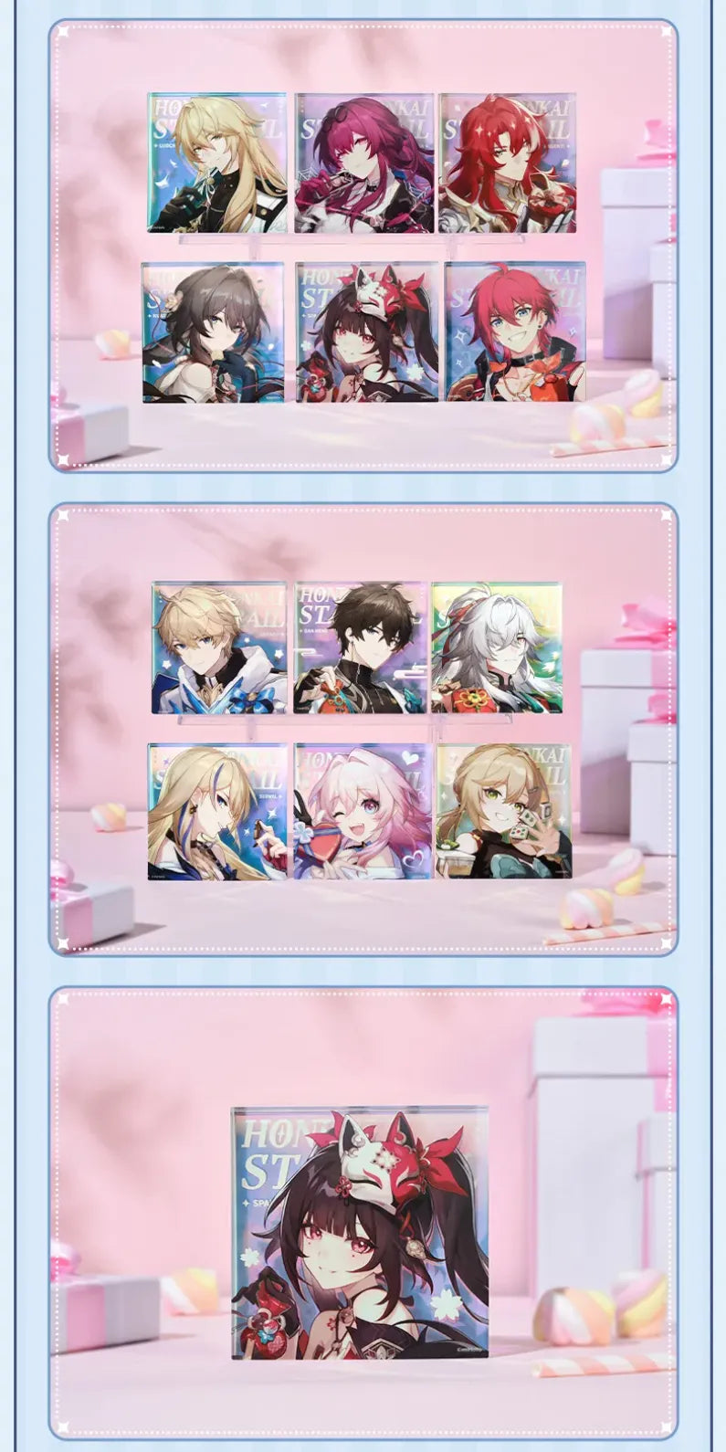 Honkai: Star Rail acrylic display blocks arranged in a pastel candy-themed display