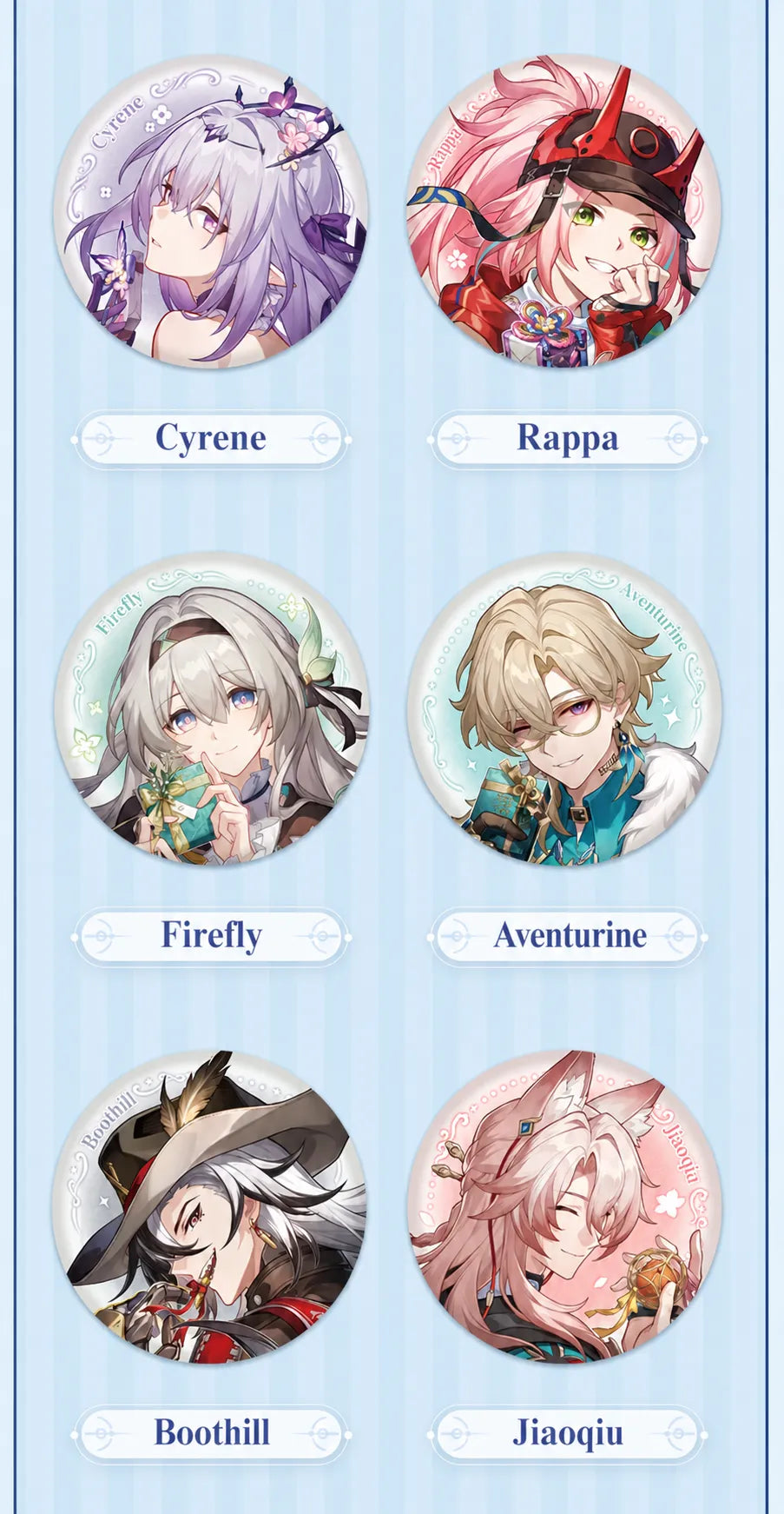 Cosmic Candy House badges featuring Cyrene, Rappa, Firefly, Aventurine, Boothill and Jiaoqiu
