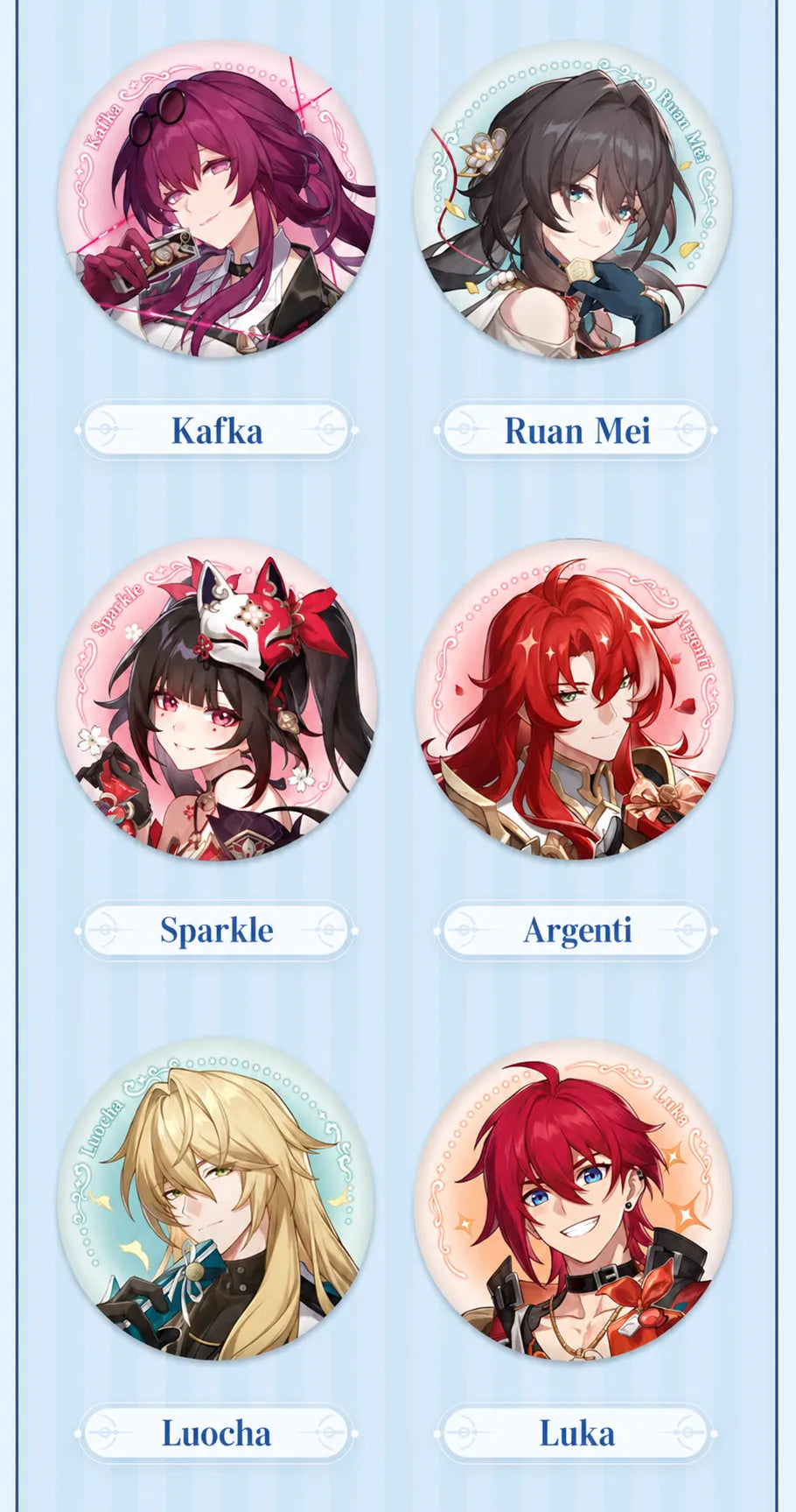 Cosmic Candy House badges featuring Kafka, Ruan Mei, Sparkle, Argenti, Luocha and Luka