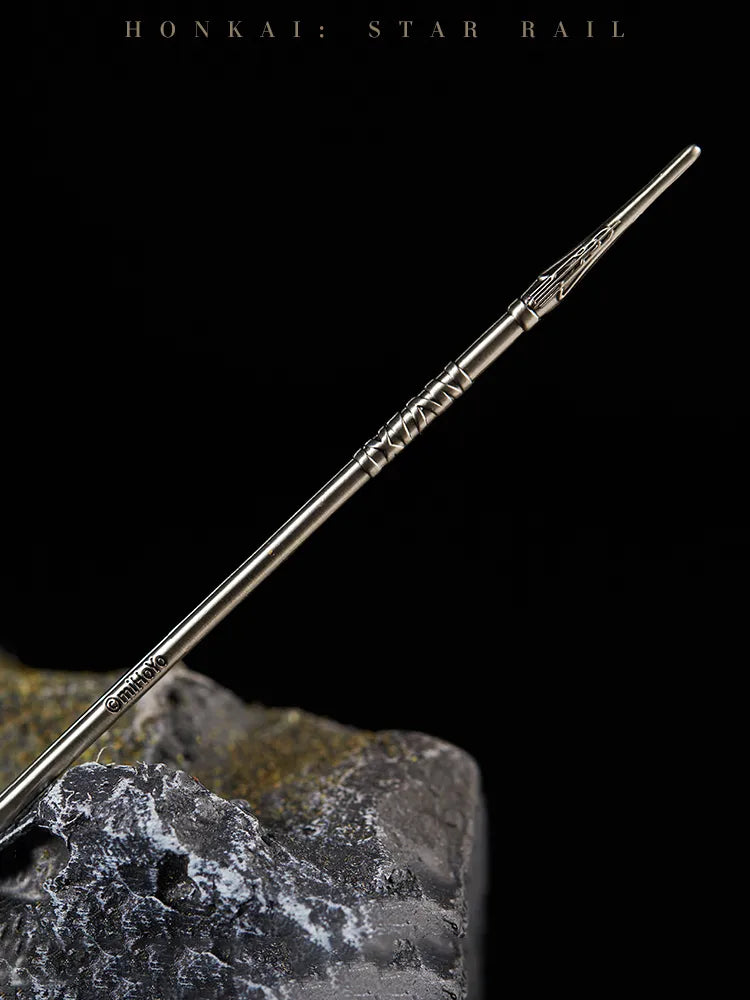 Dan Heng Imbibitor Lunae Hair Stick featuring engraved weapon details and green white decorative beads