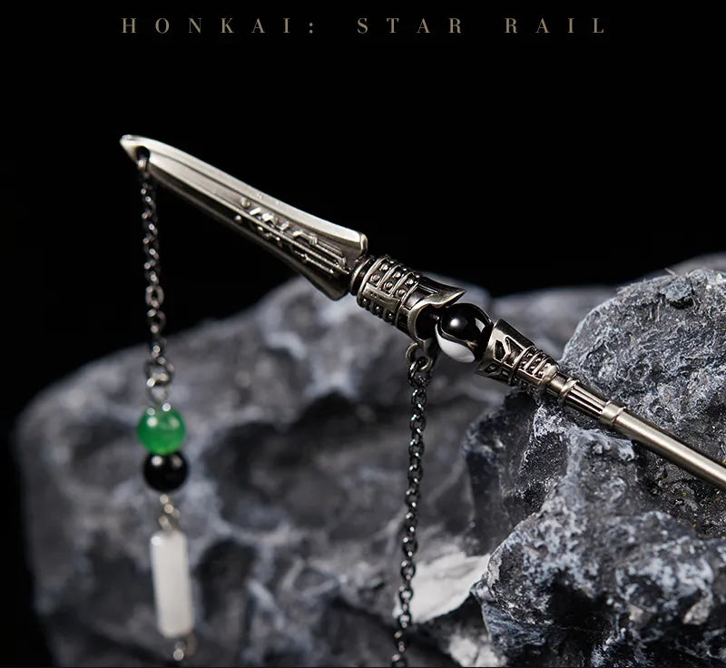 Dan Heng Imbibitor Lunae Impression Hair Stick styled in traditional Chinese hair bun with dangling chain
