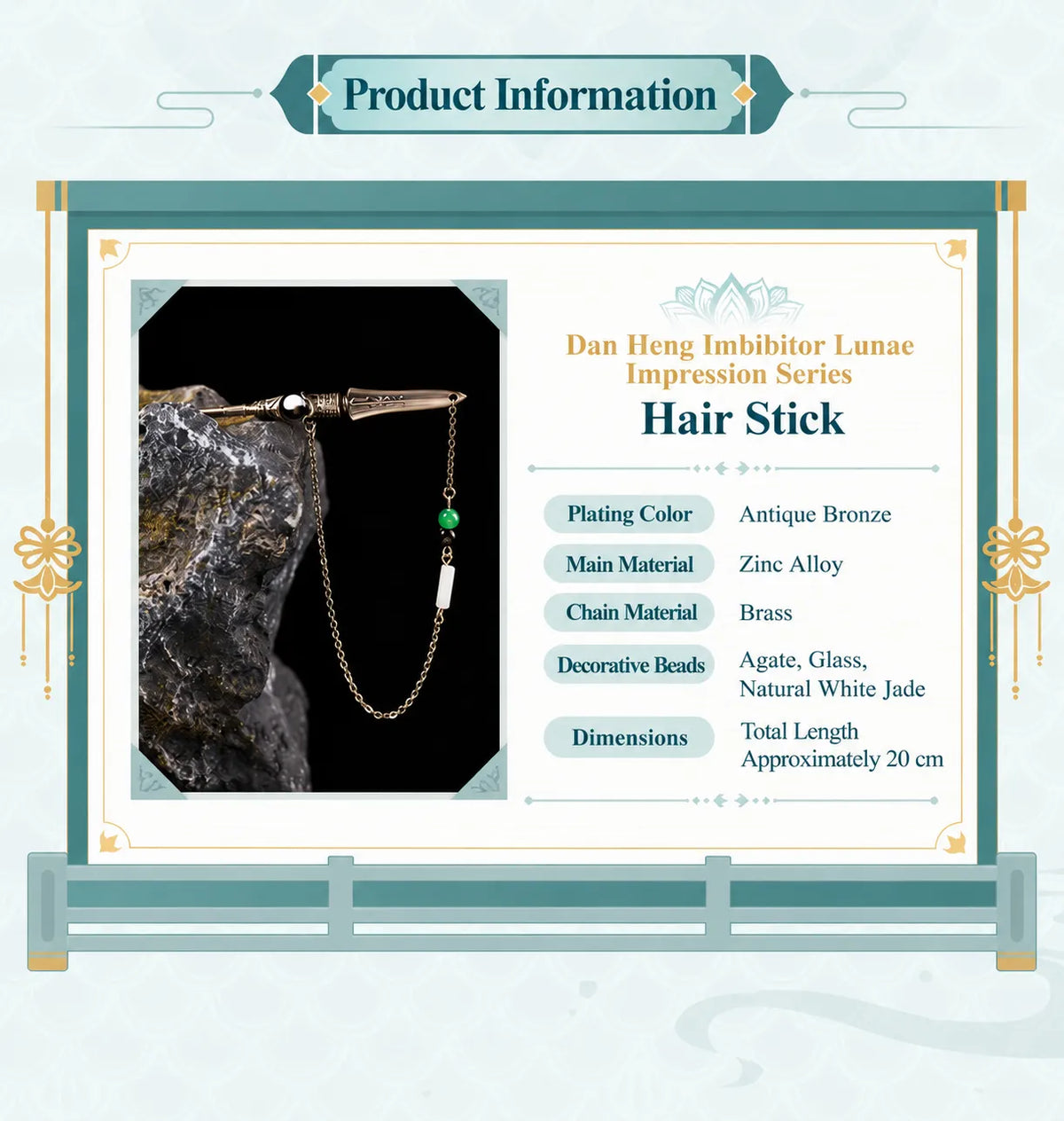 Dan Heng Imbibitor Lunae Hair Stick displayed on dark stone with water splash and silver metal details