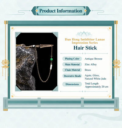 Dan Heng Imbibitor Lunae Hair Stick displayed on dark stone with water splash and silver metal details