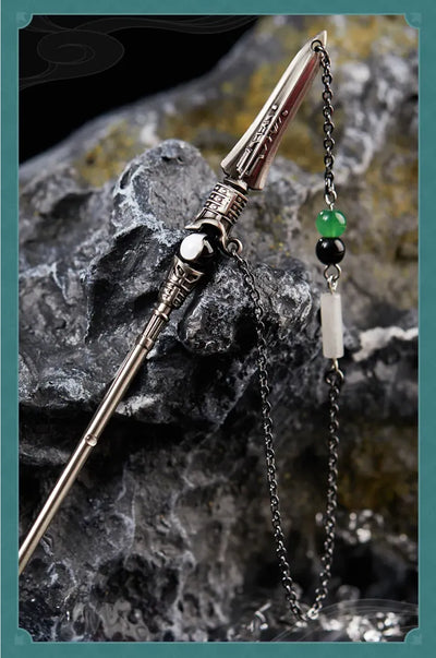 Dan Heng Imbibitor Lunae Hair Stick showing polished metal shaft and traditional hairstyle applications