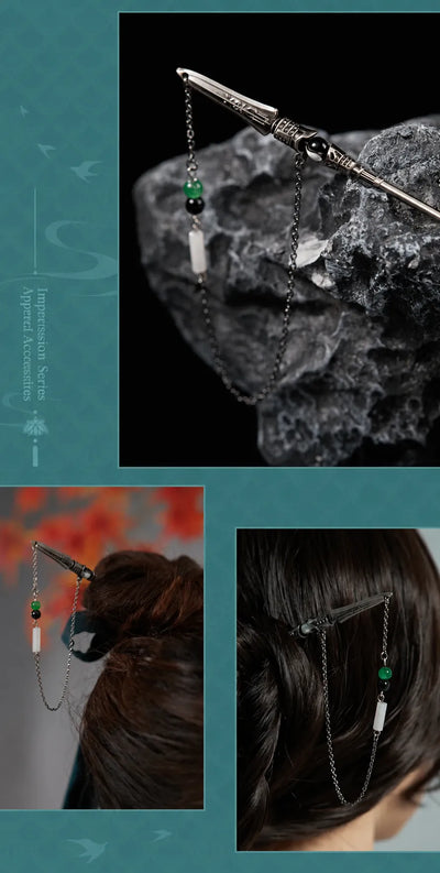 Dan Heng Imbibitor Lunae Hair Stick displayed with black hair bun and decorative chain accessories