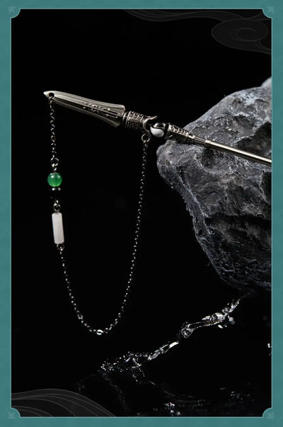 Dan Heng Imbibitor Lunae Hair Stick close-up of agate, glass and natural white jade decorative beads