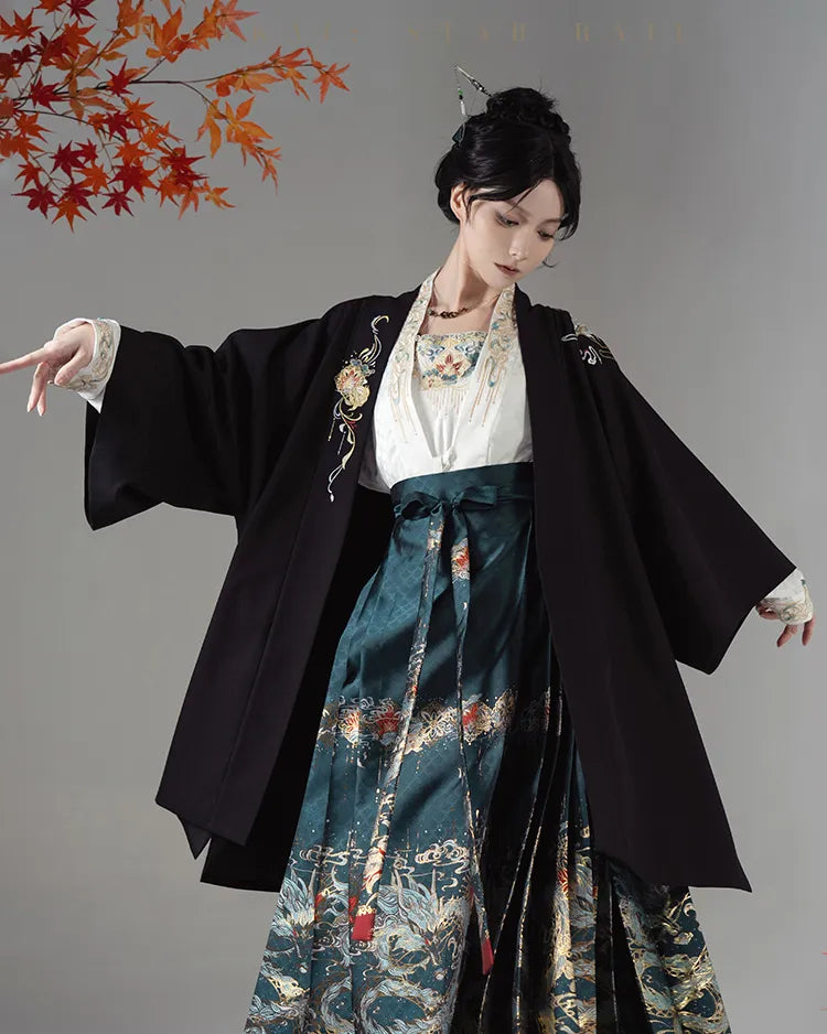 Honkai Star Rail Dan Heng Imbibitor Lunae Impression Series Long Coat featuring black fabric and dragon embroidery